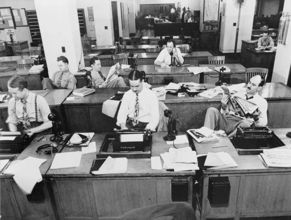 black and white photograph of traditional office