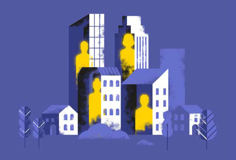 Illustration of buildings and people