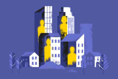 Illustration of buildings and people